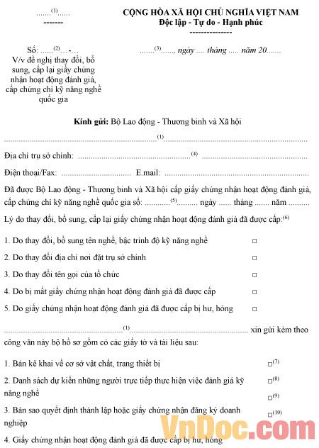Mẫu đơn đề nghị cấp lại giấy chứng nhận, chứng chỉ kỹ năng nghề quốc gia