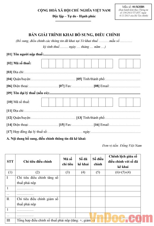 Mẫu số 01/KHBS: Bản giải trình khai bổ sung, điều chỉnh