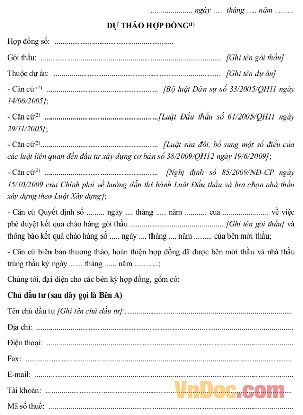 Mẫu dự thảo hợp đồng Mẫu dự thảo hợp đồng mới nhất