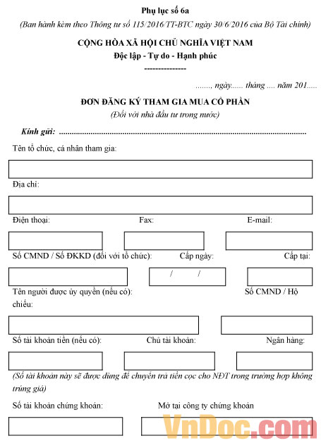 Mẫu đơn đăng ký tham gia mua cổ phần