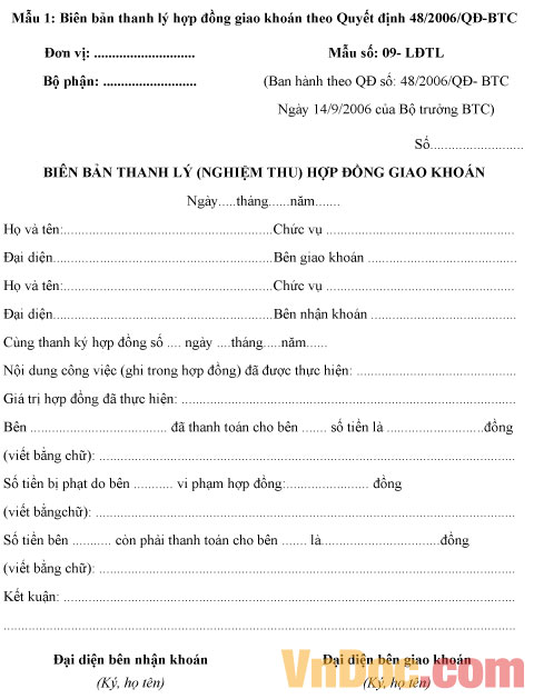 Biên bản thanh lý hợp đồng giao khoán Mẫu biên bản thanh lý hợp đồng giao khoán