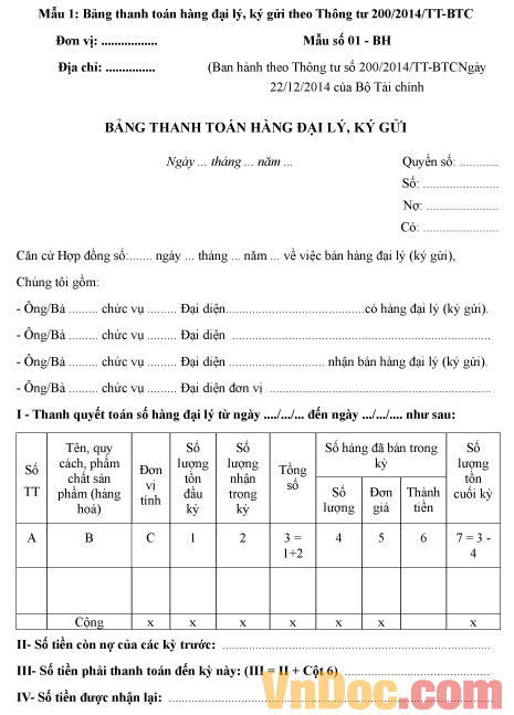 Bảng thanh toán hàng đại lý, ký gửi Mẫu số 01-BH: Bảng thanh toán hàng đại lý, ký gửi