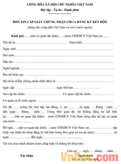 Mẫu đơn xin cấp giấy chứng nhận chưa đăng ký kết hôn Đơn xin cấp giấy chứng nhận chưa đăng ký kết hôn