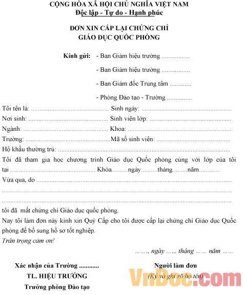 Mẫu đơn xin cấp lại chứng chỉ giáo dục quốc phòng Đơn xin cấp lại chứng chỉ giáo dục quốc phòng