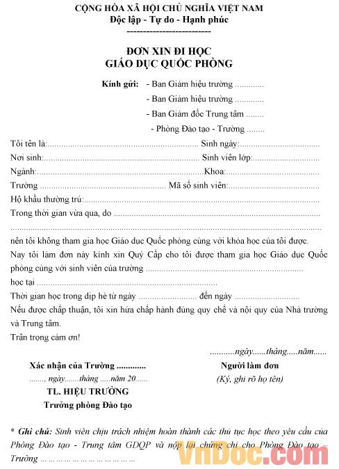Mẫu đơn xin học giáo dục quốc phòng