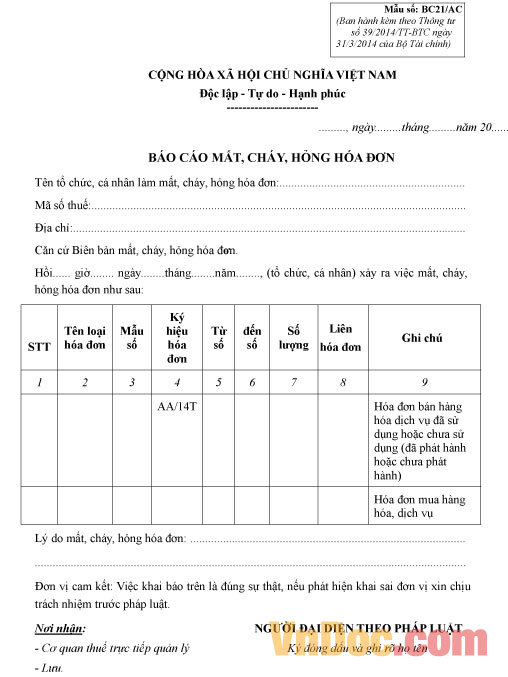 Mẫu báo cáo mất hóa đơn