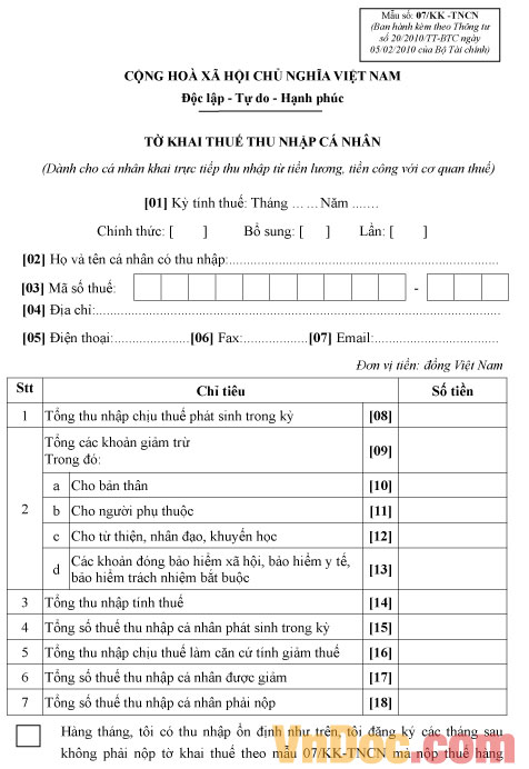 Mẫu số 07/KK-TNCN: Tờ khai thuế TNCN