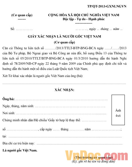 Mẫu giấy xác nhận là người gốc Việt Nam Mẫu số TP/QT-2013-GXNLNGVN - Giấy xác nhận là người gốc Việt Nam