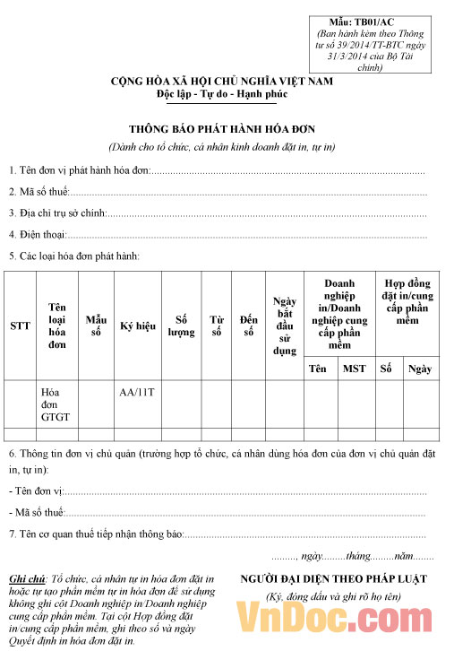 Áp dụng cho tổ chức, cá nhân và Cục Thuế Mẫu thông báo phát hành hóa đơn và quyết định về việc áp dụng hóa đơn tự in