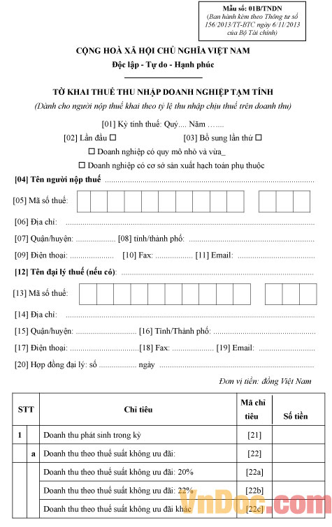 Tờ khai thuế TNDN tạm tính - Mẫu số 01B/TNDN