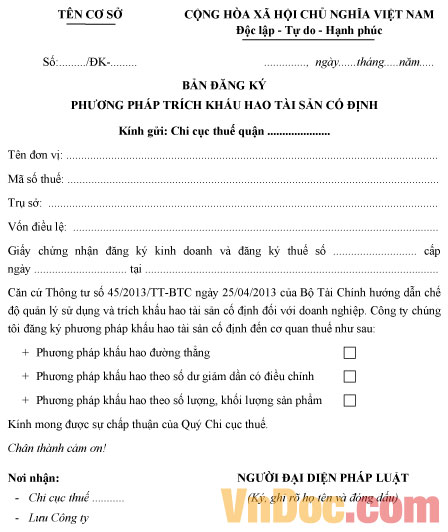 Bản đăng ký phương pháp trích khấu hao tài sản cố định