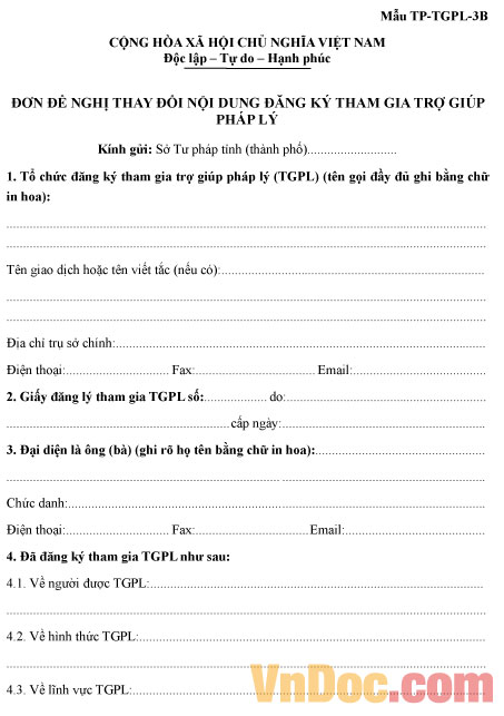 Mẫu TP-TGPL-3B: Đơn đề nghị thay đổi nội dung đăng ký tham gia trợ giúp pháp lý