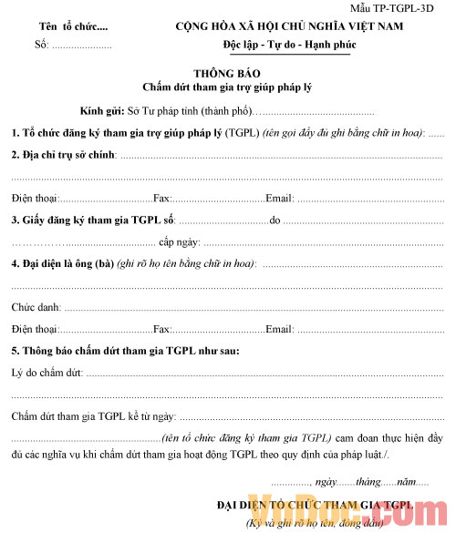 Mẫu TP-TGPL-3D: Thông báo chấm dứt tham gia trợ giúp pháp lý