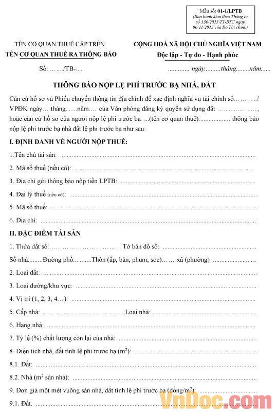 Mẫu thông báo nộp lệ phí trước bạ nhà đất Thông báo nộp lệ phí trước bạ nhà đất