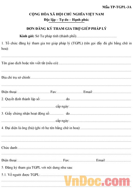 Mẫu TP-TGPL-3A: Đơn đăng ký tham gia trợ giúp pháp lý