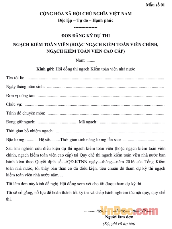 Mẫu đơn đăng ký dự thi ngạch kiểm toán viên