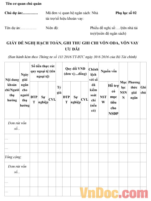 Mẫu giấy đề nghị hạch toán vốn ODA, vốn vay ưu đãi