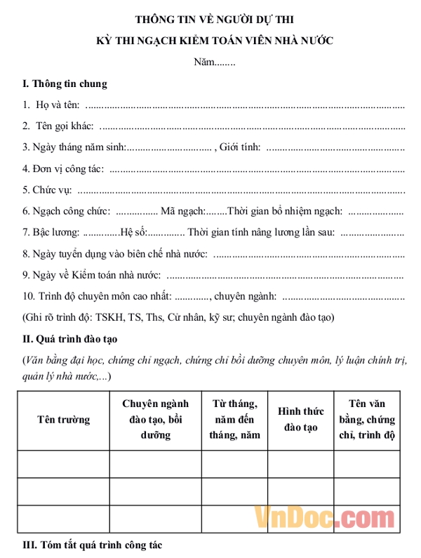 Mẫu thông tin về người dự thi ngạch Kiểm toán viên nhà nước