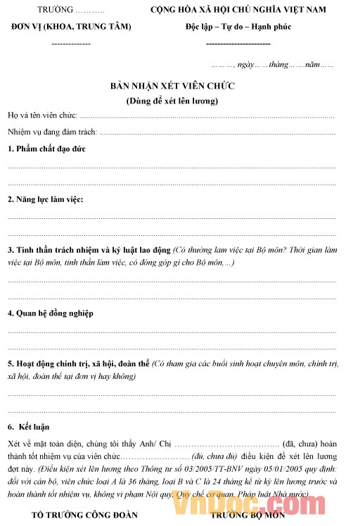 Bản nhận xét viên chức - để xét lên lương