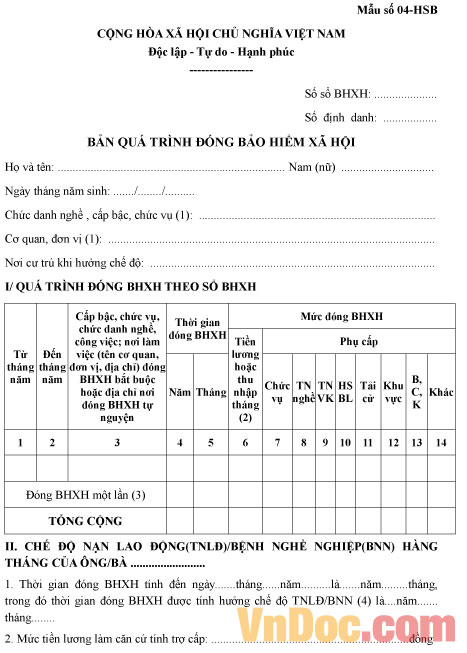 Mẫu bản quá trình đóng bảo hiểm xã hội Bản quá trình đóng bảo hiểm xã hội