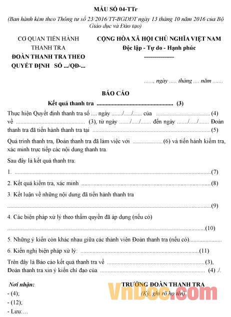 Mẫu báo cáo kết quả thanh tra trong các kỳ thi