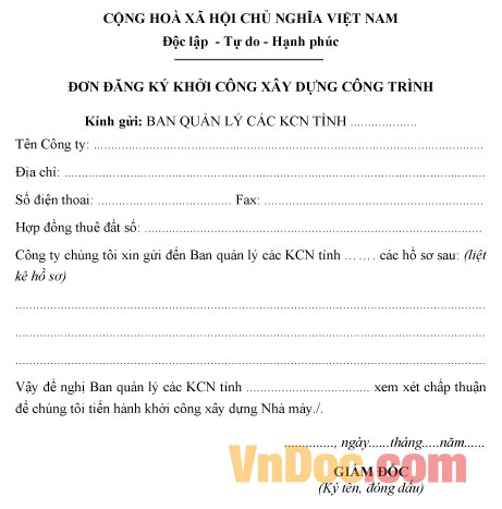 Đơn đăng ký khởi công xây dựng công trình Mẫu đơn đăng ký khởi công xây dựng công trình