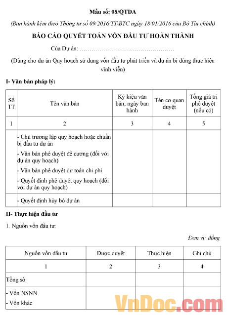 Mẫu báo cáo quyết toán vốn đầu tư hoàn thành