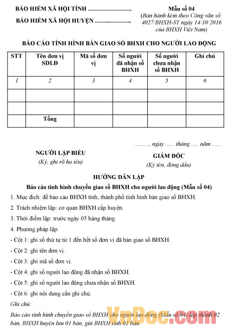Mẫu báo cáo tình hình bàn giao sổ BHXH cho người lao động