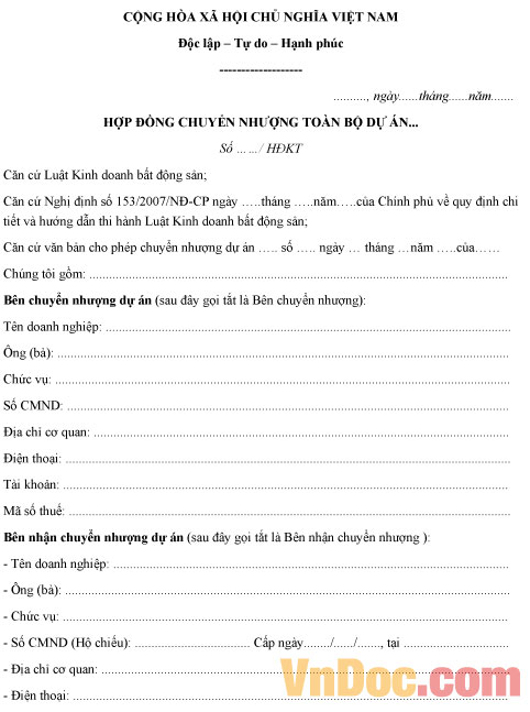 Hợp đồng chuyển nhượng dự án Mẫu hợp đồng chuyển nhượng dự án