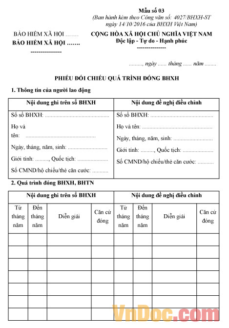 Mẫu phiếu đối chiếu quá trình đóng bảo hiểm xã hội
