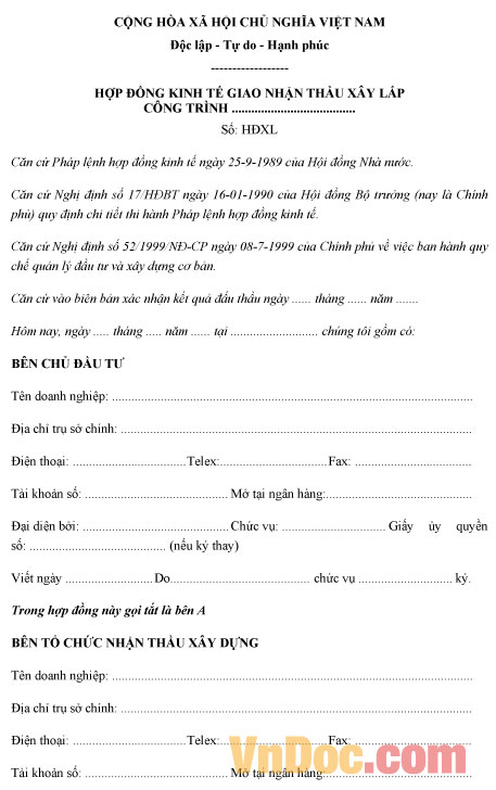 Mẫu hợp đồng kinh tế giao nhận thầu xây lắp công trình