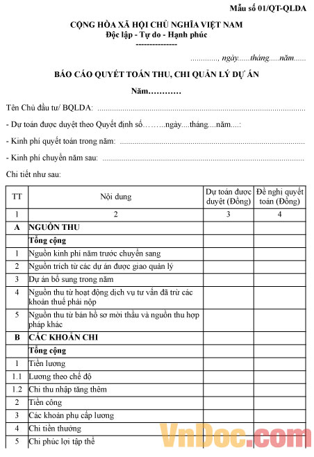 Báo cáo quyết toán thu, chi quản lý dự án Mẫu số 01/QT-QLDA: Báo cáo quyết toán thu, chi quản lý dự án