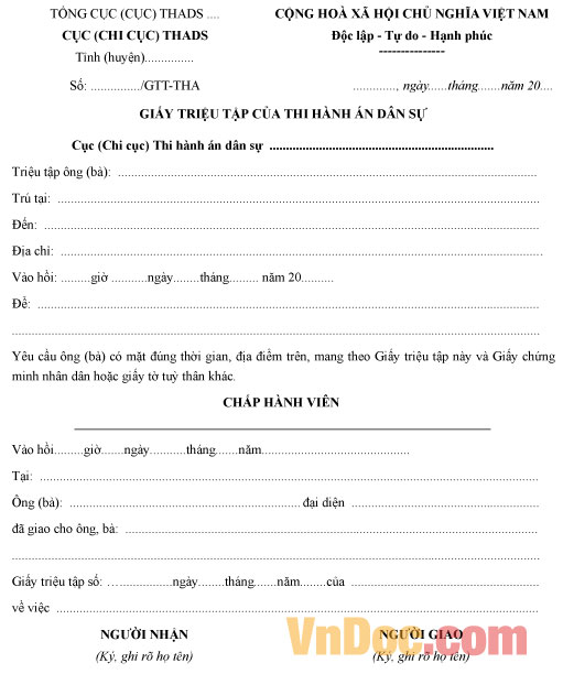 Mẫu giấy triệu tập của thi hành án dân sự