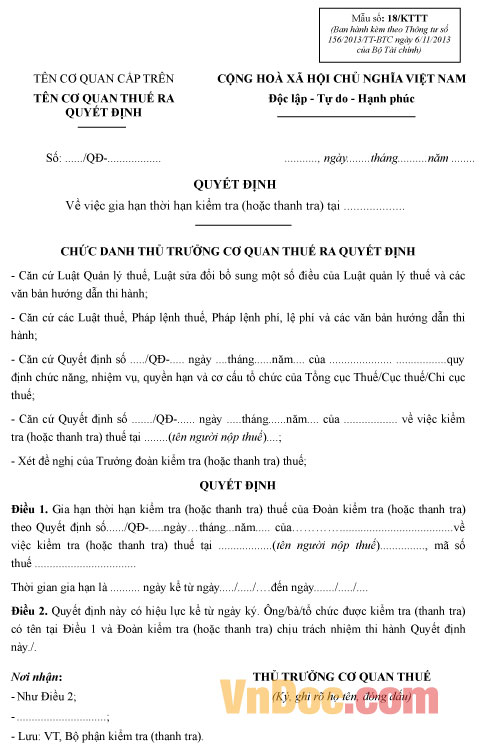 Mẫu số 18/KTTT: Quyết định về việc gia hạn thời hạn thanh tra (kiểm tra) thuế