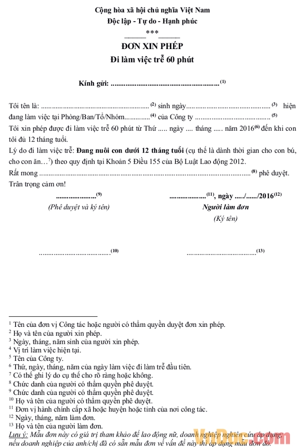 Đơn xin phép đi làm việc trễ 