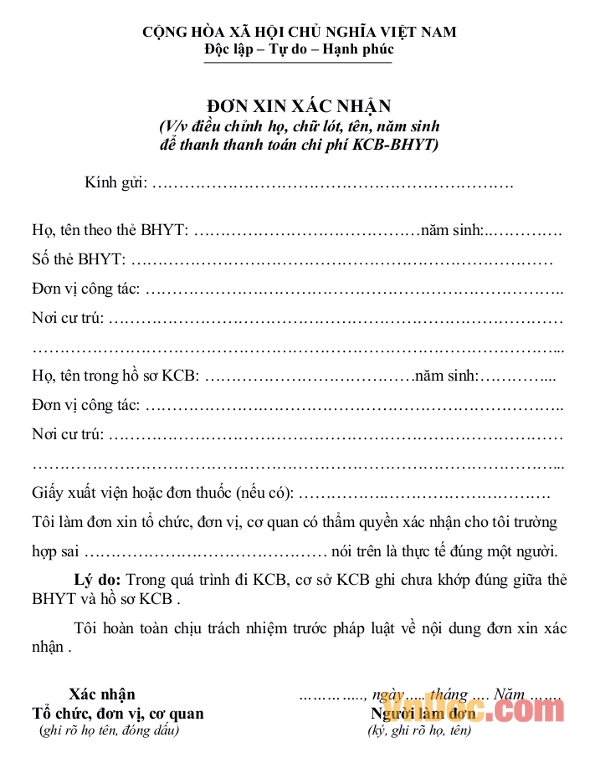 Đơn xin xác nhận