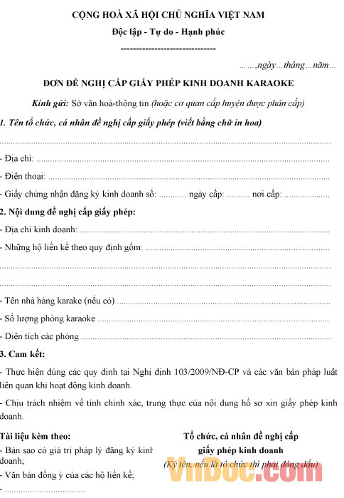 Mẫu đơn đề nghị cấp phép kinh doanh karaoke