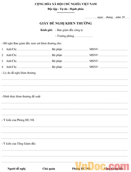 Mẫu giấy đề nghị khen thưởng mới nhất Mẫu giấy đề nghị khen thưởng