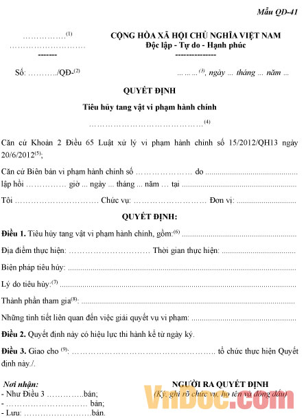 Mẫu quyết định tiêu hủy tang vật vi phạm hành chính