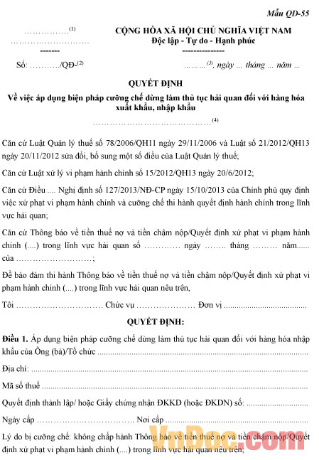Mẫu quyết định về việc áp dụng biện pháp cưỡng chế