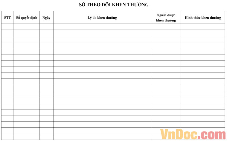 Mẫu sổ theo dõi khen thưởng dùng cho doanh nghiệp Mẫu sổ theo dõi khen thưởng