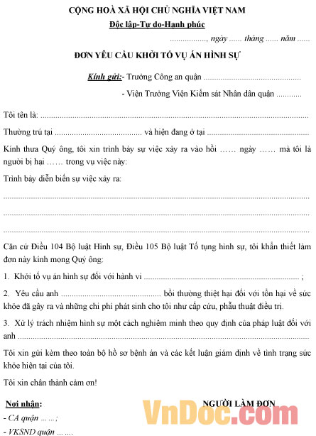 Mẫu đơn yêu cầu khởi tố vụ án hình sự