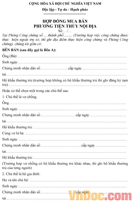 Mẫu hợp đồng mua bán phương tiện thủy nội địa