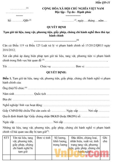 Mẫu quyết định tạm giữ tang vật phương tiện theo thủ tục hành chính