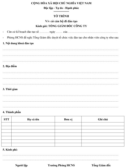 Mẫu tờ trình về việc cử cán bộ đi đào tạo