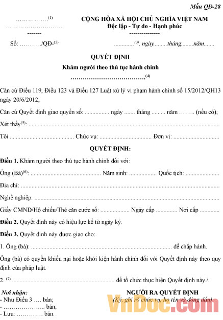 Mẫu quyết định khám người theo thủ tục hành chính