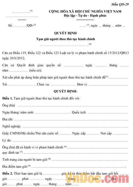 Mẫu quyết định tạm giữ người theo thủ tục hành chính