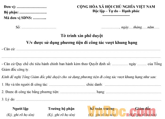 Mẫu tờ trình xin phê duyệt sử dụng phương tiện công tác vượt khung