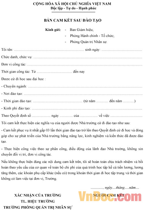 Mẫu bản cam kết sau đào tạo