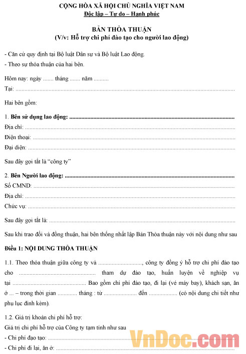 Mẫu biên bản thỏa thuận về việc hỗ trợ chi phí đào tạo cho người lao động